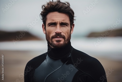 Portrait of a handsome man in wetsuit standing on beach