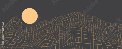 Vector abstract art landscape mountain with birds and sunrise sunset by golden line art texture isolated on dark grey black background. Minimal luxury style for wallpaper, wall art decoration.
