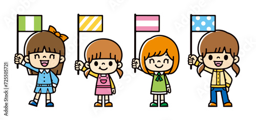 Clip art of cute girls holding a flag