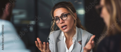 A professional woman in glasses speaks emphatically during a meeting, illustrating dynamic workplace communication