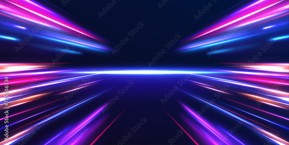 Obraz premium Cyberpunk light trails in motion or light slow shutter effect. Acceleration speed motion on night road. Bright sparkling background. Panoramic high speed technology concept, light abstract background.