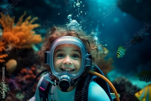 Cute little girl in scuba diving mask swimming underwater in coral reef © Nerea