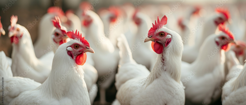 Fototapeta premium A flock of white chickens with vibrant red combs stand attentively in a farmyard, embodying rural life