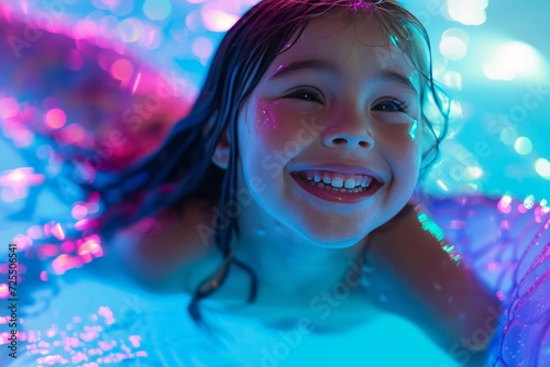 Close-up of the mermaid tail and child's delighted expression, imaginative and magical play, vibrant and enchanting lighting.