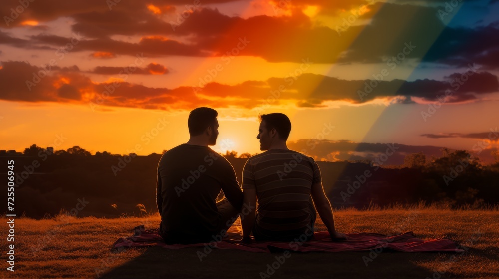 Silhouettes of two men talking and sitting on the ground against the background of a beautiful sunset in the evening. A gay couple in love is having a good time together.