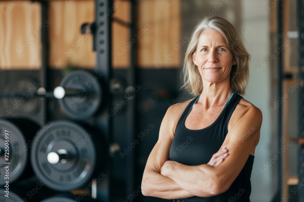 Smiling senior woman with arms crossed in a gym Smiling senior woman with arms crossed in a gym