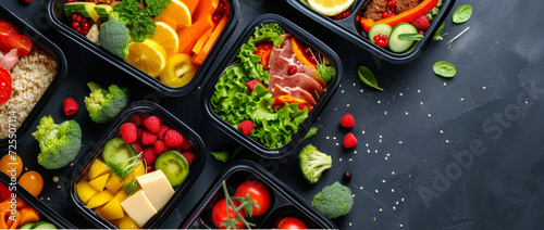 A variety of nutritious meal prep containers display a feast of colors and balanced diet options