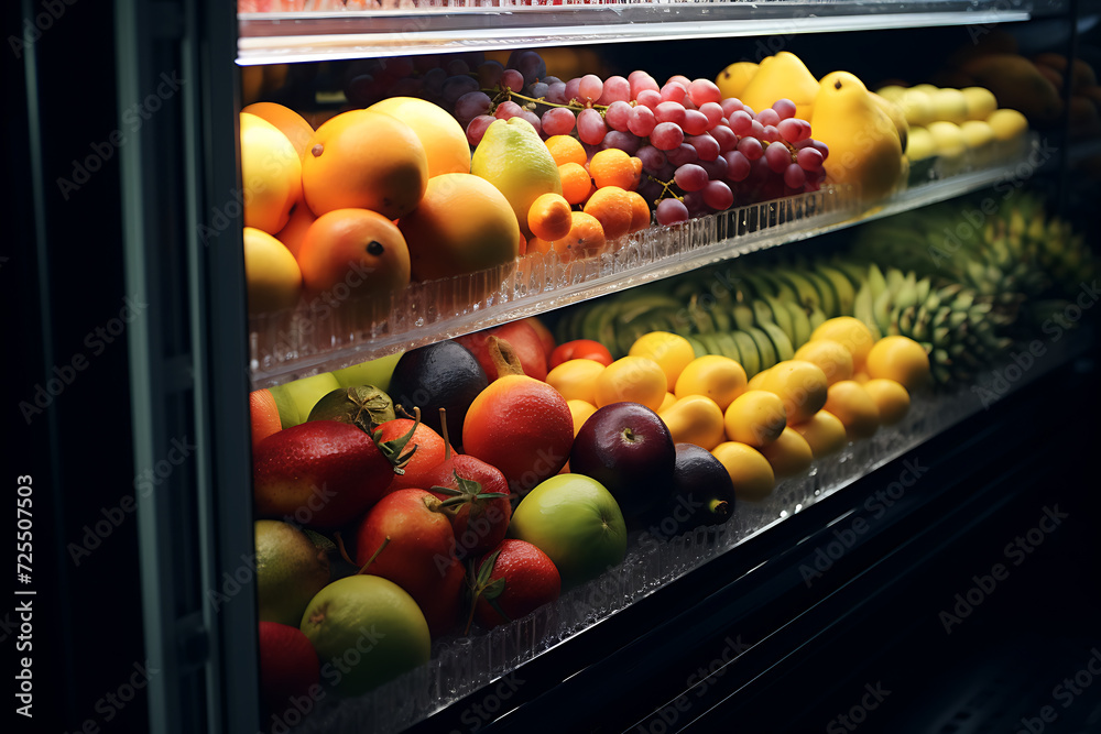 Fruits on shelf in supermarket, closeup. Healthy food concept