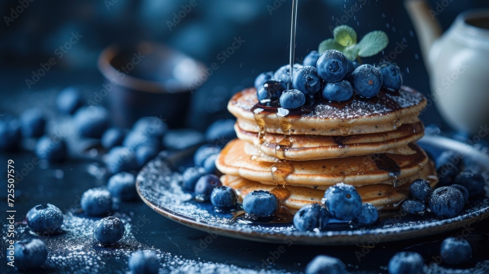 gluten free vegan blueberry pancakes, blueberries on top of pancakes and around, for the restaurant menu