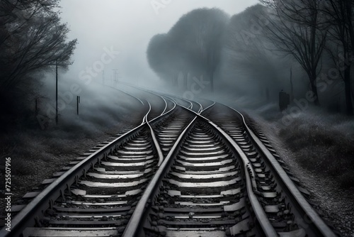 Fog covered railway track disappearing into the unknown  photo