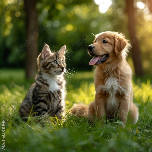A kitten and a puppy sitting together on grass, bathed in soft sunlight, showcasing a moment of animal friendship.