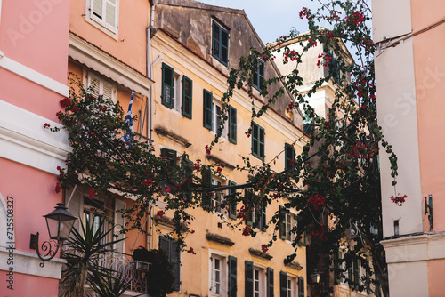 Fototapeta Naklejka Na Ścianę i Meble -  Corfu street view, Kerkyra old town beautiful cityscape, Ionian sea Islands, Greece, a summer sunny day, pedestrian streets with shops and cafes, architecture of historic center, travel to Greece