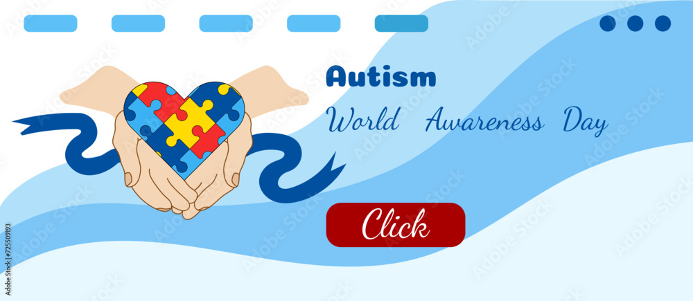 Horizontal Border World Autism Awareness Day. Vector banner with puzzle heart in hands, blue ribbon.