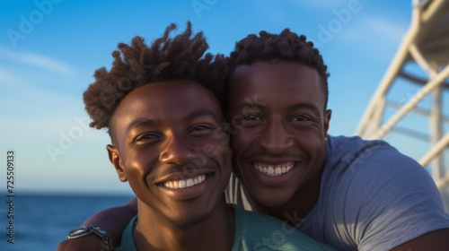 Close-up portrait of a happy young African-American gay couple on vacation at sea.
