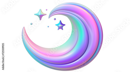 Moon and stars. 3D solid fluid holographic on white or transparent background. 