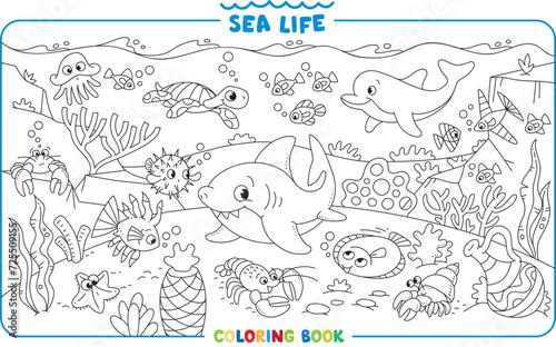 Sea theme. Big coloring book set. Kids vector