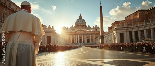 An iconic moment as a religious leader addresses a captivated crowd, the Vatican glowing in the solemn dusk light