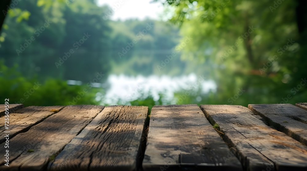 The empty wooden table top with blur background of summer lakes green forest. High quality photo The empty wooden table top with blur background of summer lakes green forest. High quality photo