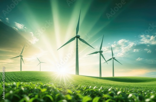 Wind turbines on the green field, green energy, renewable energy sources © cvetikmart