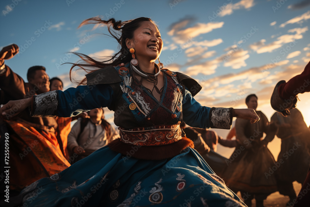 Tsam dance. An Mongolian woman with a radiant smile dances in traditional clothing, surrounded by others during a cultural event under a clear sky.