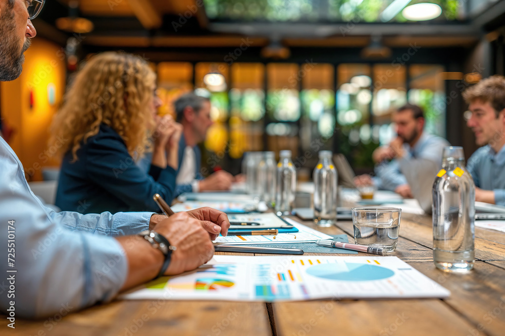 Diverse Group of People Sitting Around a Wooden Table in a Business Setting.