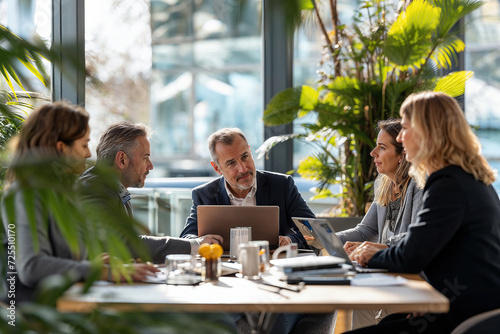 Business Professionals Engaged in Group Discussion Around Conference Table.