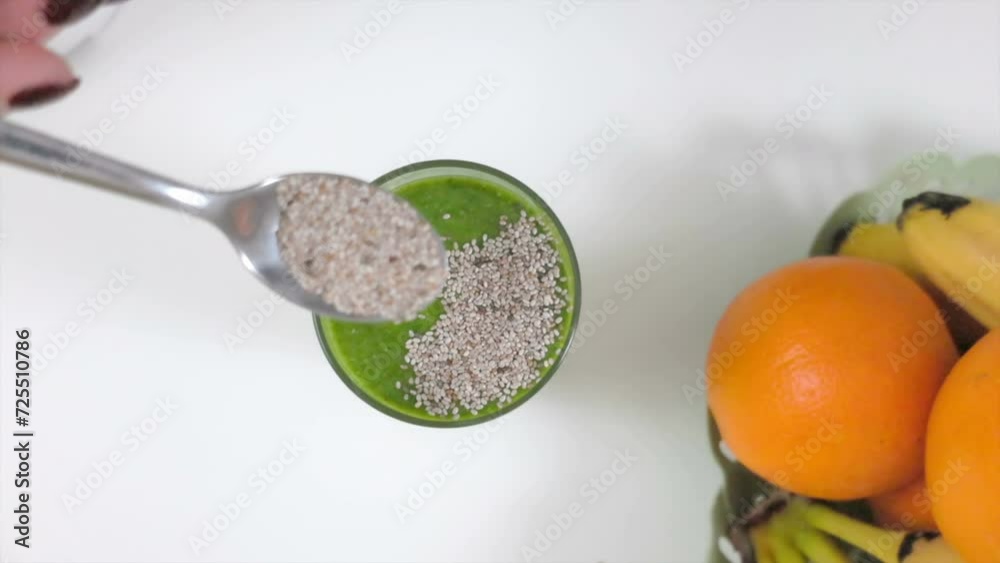 Making fresh smoothie with chia seeds in blender close-up. Fruit smoothie Making fresh smoothie with chia seeds in blender close-up. Fruit smoothie