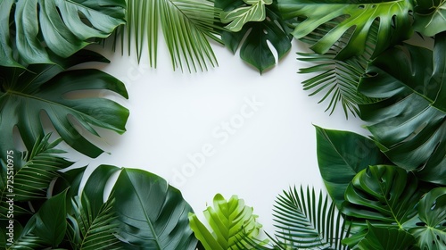 Tropical green leaves and palms with white paper note frame