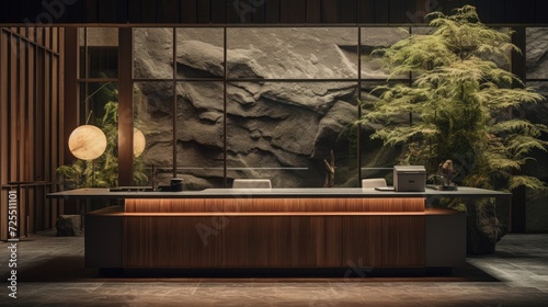 Japanese hotel design, reception desk, wood photo