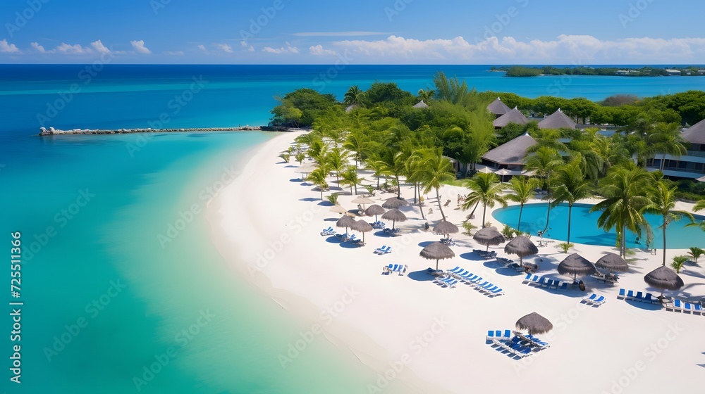 Beautiful panoramic aerial view of a tropical island with white sand, turquoise water and palms