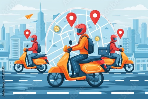 Customers ordering on mobile application, Fast delivery with motorcycles. 