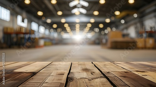 The empty wooden table top with blur background of a large warehouse. Exuberant image