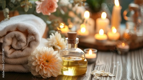 Spa or massage centre table top objects - aroma oil in the bottle  candles  towels and decorative flowers 