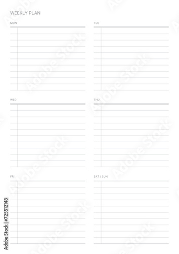 A weekly plan design template in a modern, simple, and minimalist style. Note, scheduler, diary, calendar, planner document template illustration.