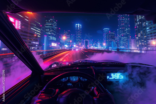 Hyper-realistic Tokyo night: Drift car, neon lights, skyscrapers, and smoke create an exhilarating urban scene. © swissa