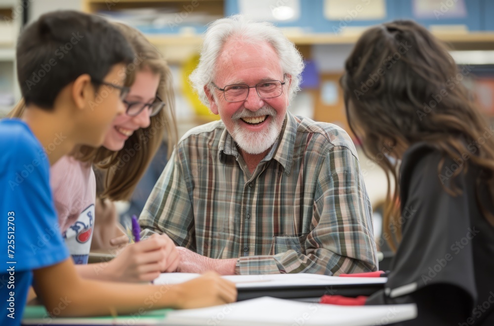 Shared learning and happiness in a library, with a professor cheerfully assisting high school students in their academic pursuits Shared learning and happiness in a library, with a professor cheerfully assisting high school students in their academic pursuits