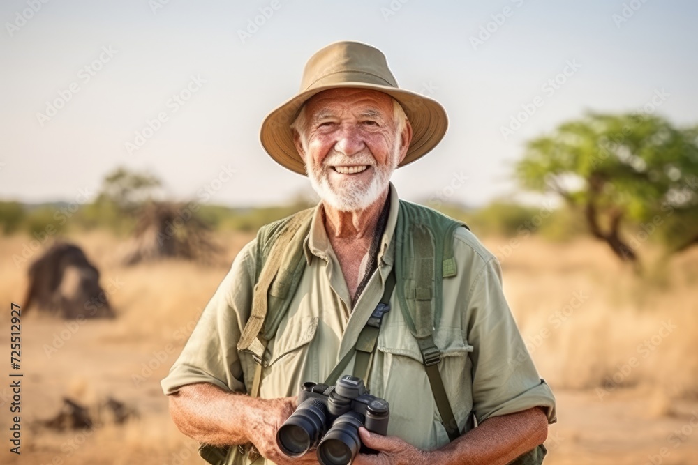 Senior explorer with binoculars in the savannah of Botswana
