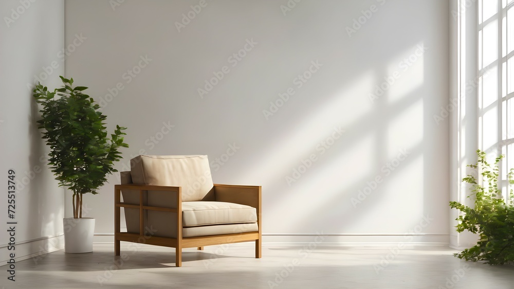 Fototapeta premium White living room interior with chair and copy space on the wall. Mock-up for a painting or poster. 