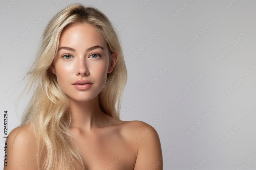 beautiful blonde woman without cosmetics against light grey background with copy space