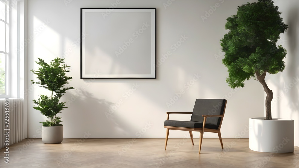Mockup for poster in living room with gray chair and plant. Copyspace in frame for the poster. Mockup for poster in living room with gray chair and plant. Copyspace in frame for the poster.