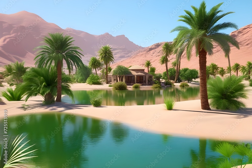 Desert-oasis-with-a-tranquil-pond-surrounded-by-lush-green-palms-and-a-solitary-tree