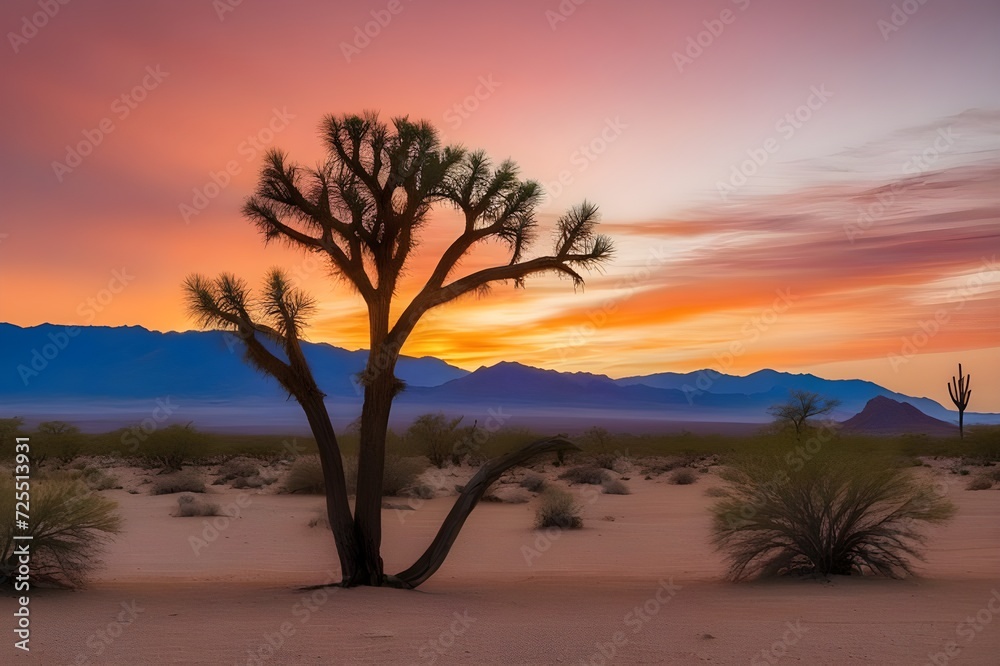 Desert-scene-with-a-lone-mesquite-tree-silhouetted-against-the-fiery-hues-of-a-desert-sunset