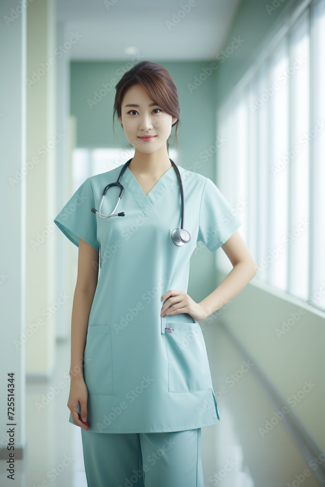 Young Beautiful Asian Nurse, Pretty Attractive Looks, Wearing A Nursing Uniform, Generative Ai. Young Beautiful Asian Nurse, Pretty Attractive Looks, Wearing A Nursing Uniform, Generative Ai.