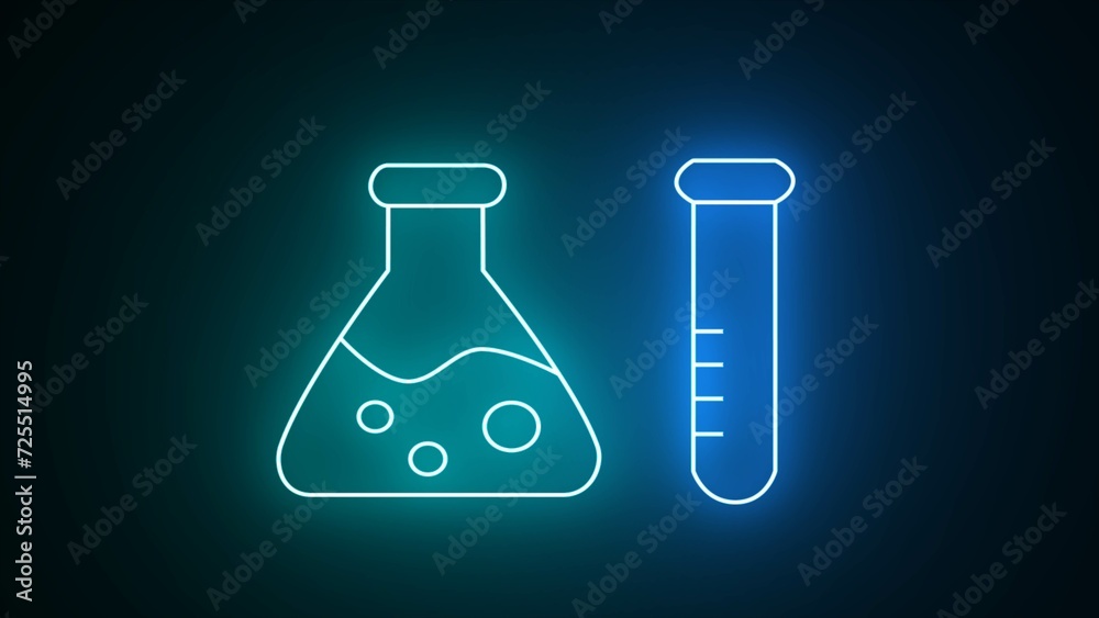 Neon glowing line Test tube and flask chemical laboratory test icon isolated on black background. Medical exploration, analysis test, chemical experiment, vaccine . Icon set, sign, symbol. Neon glowing line Test tube and flask chemical laboratory test icon isolated on black background. Medical exploration, analysis test, chemical experiment, vaccine . Icon set, sign, symbol.
