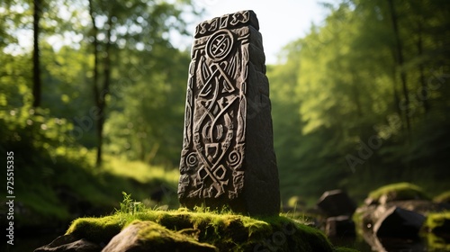 Intricate weathered viking rune stone inscription, ancient carving and patina texture photo