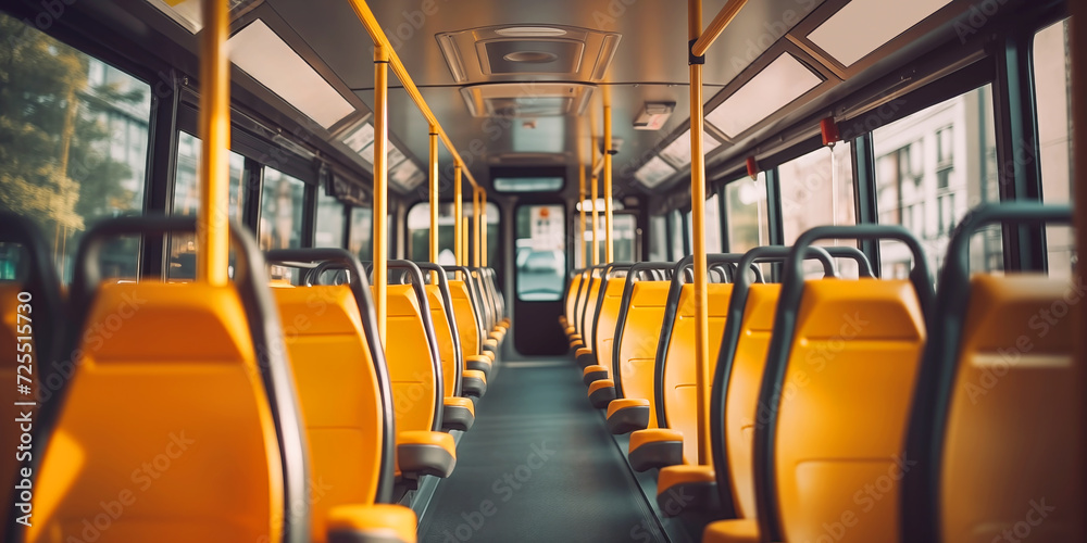 Interior of city bus with yellow seats. Empty tram awaits passengers to board. Municipal bus inside - obrazy, fototapety, plakaty 