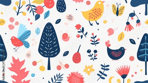 Modern geometric background. Abstract nature: forest, trees, leaves, flowers, birds, butterflies, fruits and berries. Set of icons in flat minimalist style. Seamless pattern. Vector illustration.