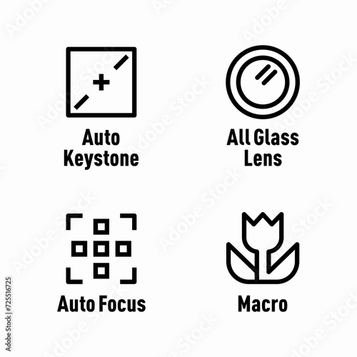 Auto Keystone, All Glass Lens, Auto Focus, Macro vector information signs