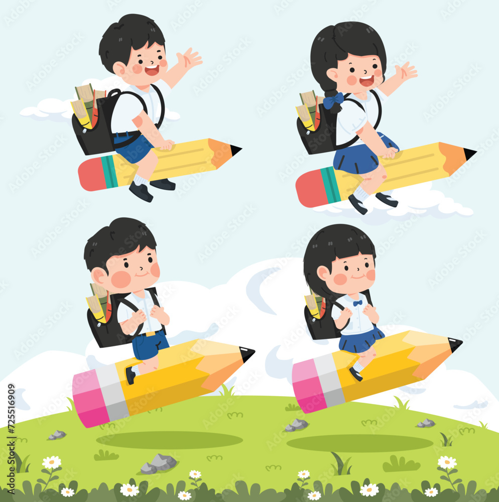 Kid students Flying With Pencil set Kid students Flying With Pencil set