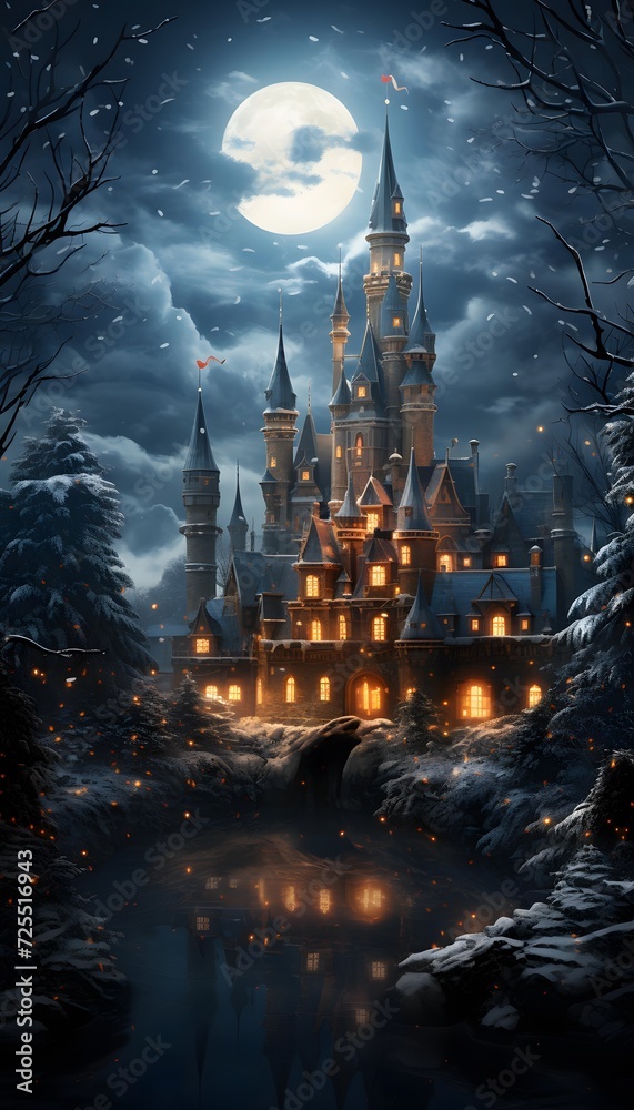 Fototapeta premium Fairy tale castle in the winter forest at night with full moon